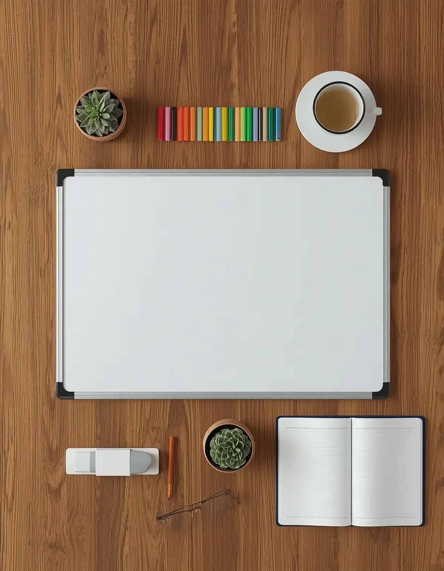 Overhead view of a blank aluminum framed whiteboard on a wooden desk with colorful markers, succulents, tea, and an open notebook
