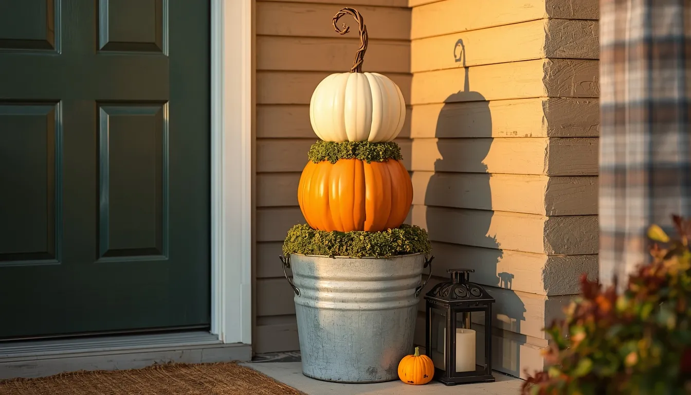 Plastic pumpkin bucket DIY ideas with three stacked painted buckets in cream, sage, and terracotta forming a pumpkin topiary beside a green front door