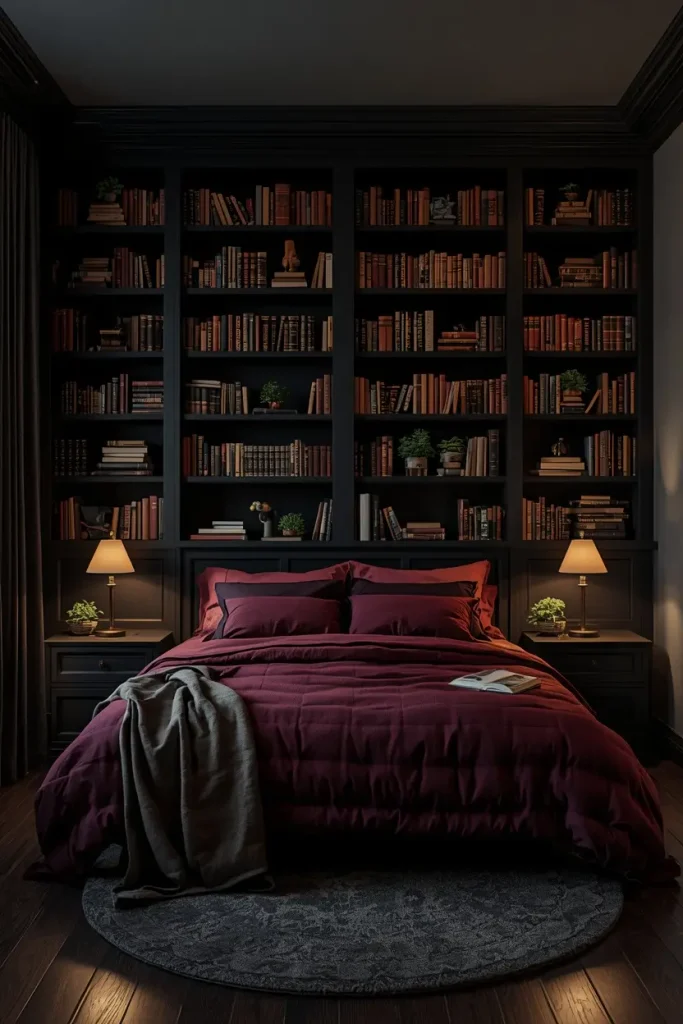 Black bookcase headboard with books and burgundy bedding in a cozy reader's bedroom
