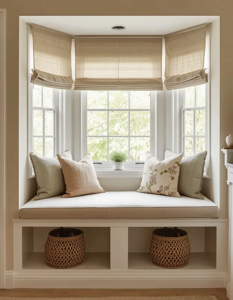 Built in bay window seat with linen Roman shades, layered pillows, and woven baskets in open cubbies