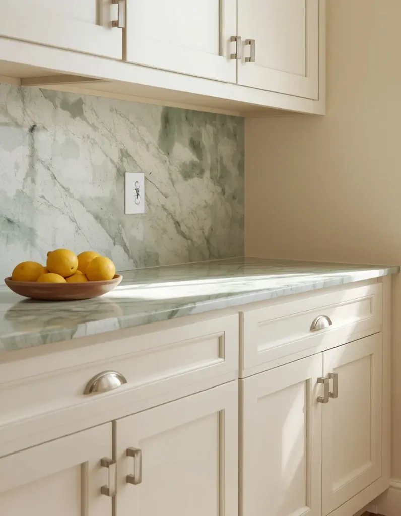 Green-veined marble countertops and backsplash on cream shaker cabinets