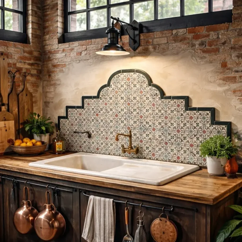 Scalloped Talavera tile sink wall with brass faucet and copper pots