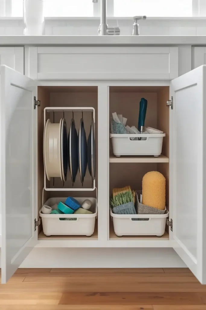  Open white under sink cabinet with a rack holding pan lids, white bins of sponges and brushes, and two shelves of neatly sorted cleaning supplies