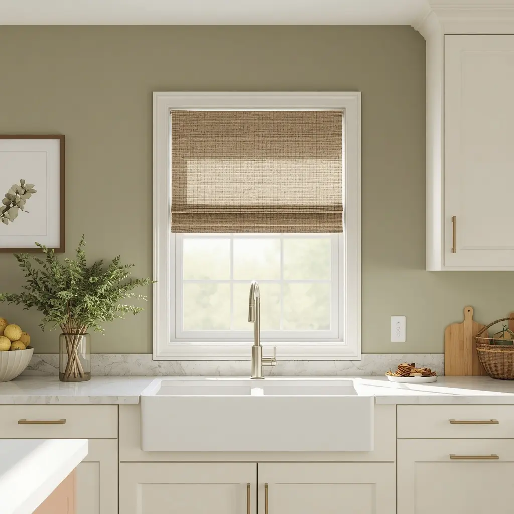 Kitchen with sage green walls, a woven window shade, cream cabinets, and a white farmhouse sink