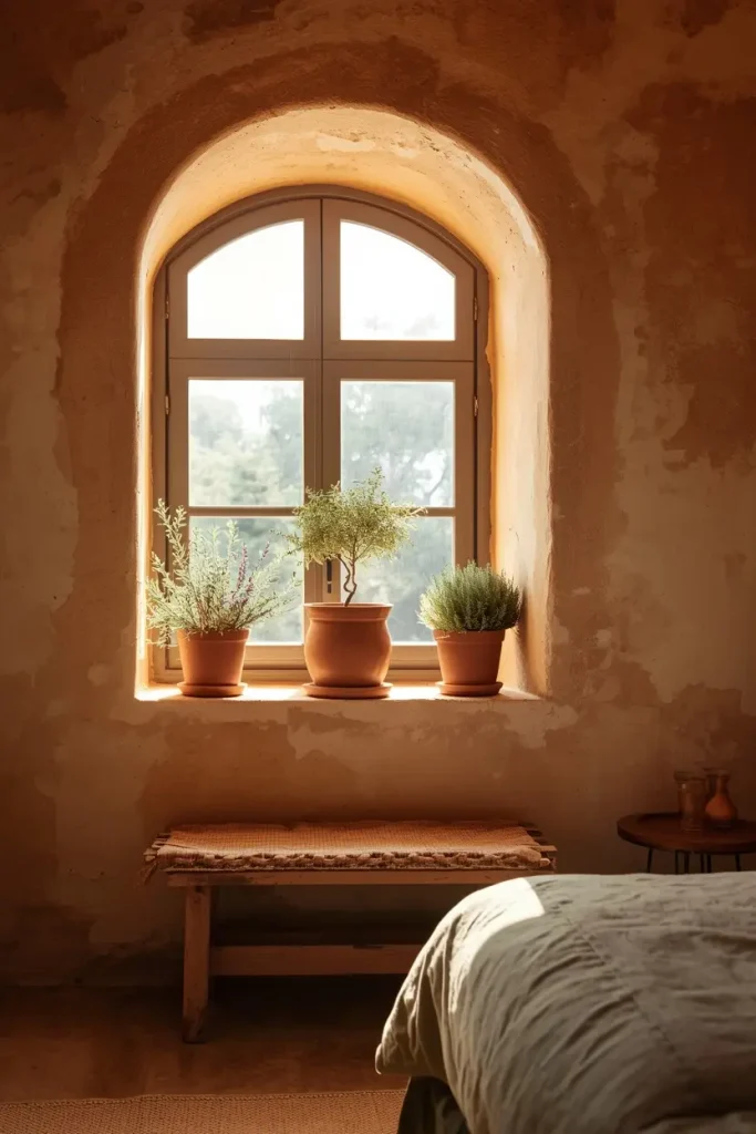 Mediterranean-style bedroom with terracotta pots on an arched windowsill and olive green linen bedding