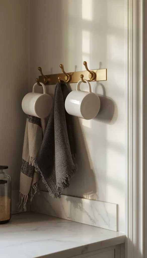 Brushed brass hooks holding ceramic mugs, a charcoal oven mitt and a striped towel on a kitchen wall