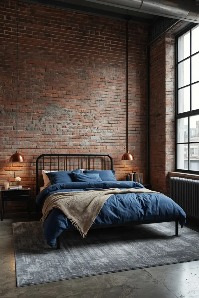 Black metal headboard with steel blue bedding against an exposed brick wall in an industrial loft