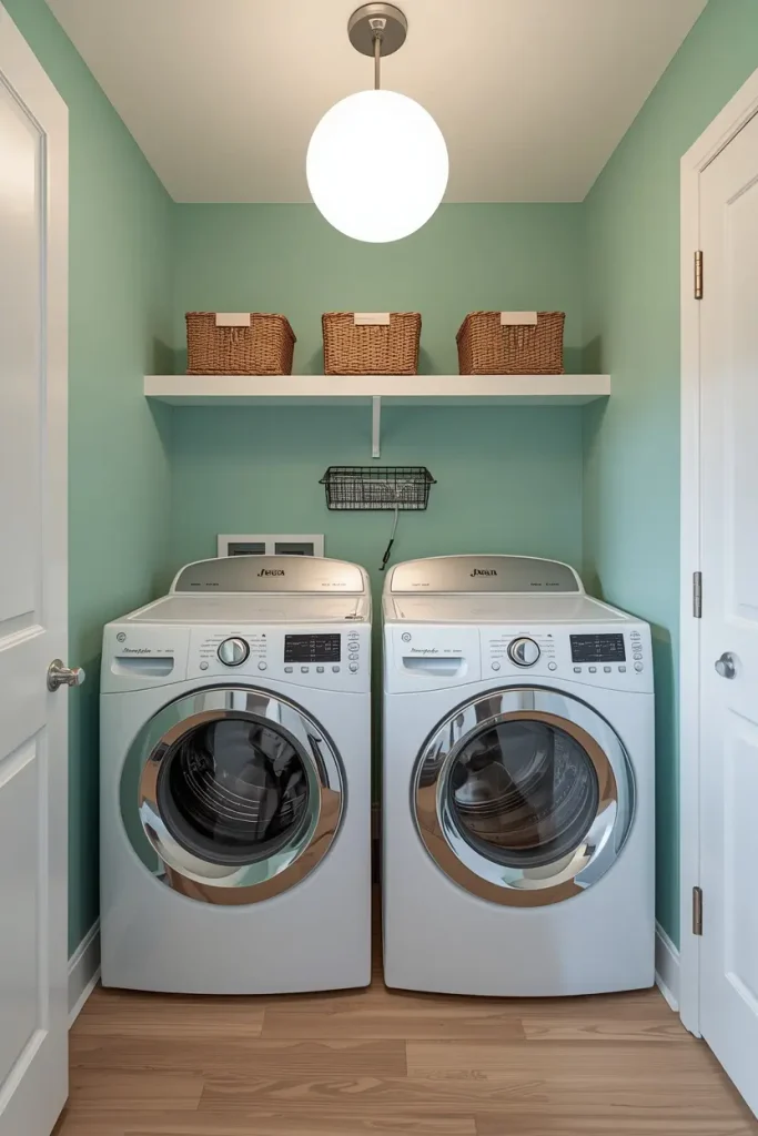 White globe pendant light above a pair of front loading washer and dryer with a white shelf of woven baskets and mint green walls
