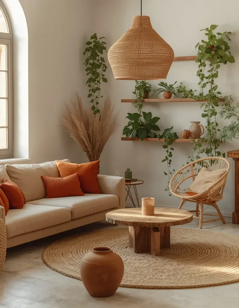 Low sand linen sofa with terracotta cushions, a rattan chair, a jute rug, and a woven pendant light