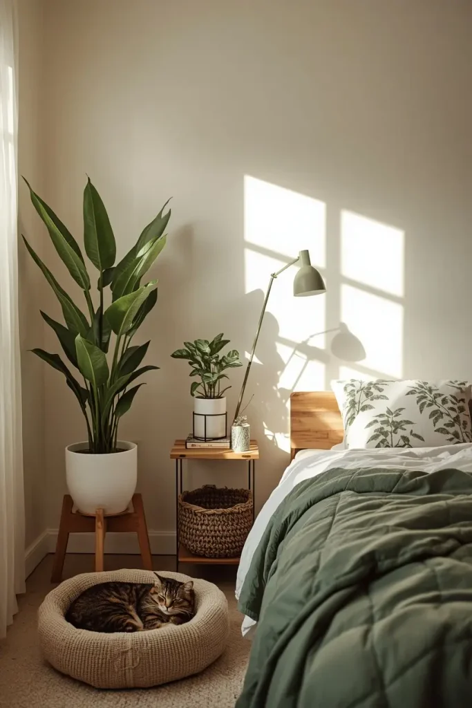 Cozy bedroom with pet-safe plants, a forest green quilt and a tabby cat sleeping in a pet bed