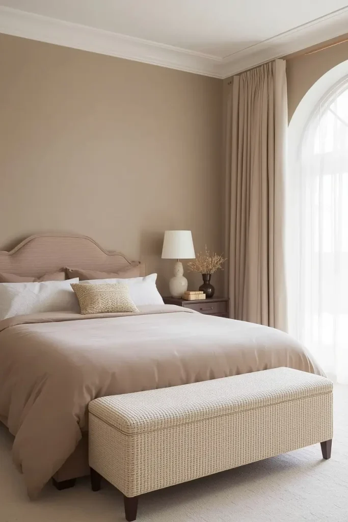 Mocha mousse brown duvet with a cream boucle bench beside a tall arched window with sheer curtains