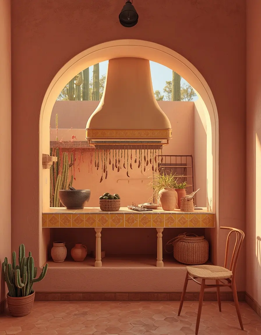 Mexican kitchen aesthetic with pink plaster walls, saffron yellow tiles and red chile garlands
