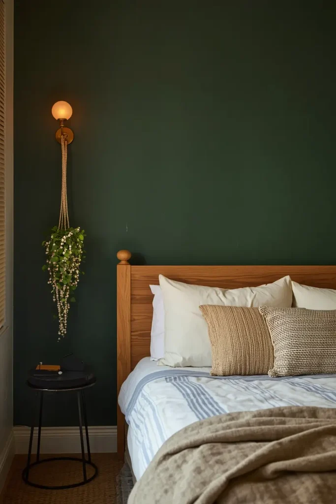 Bedroom with a deep hunter green accent wall, cream bedding and a hanging string-of-pearls plant