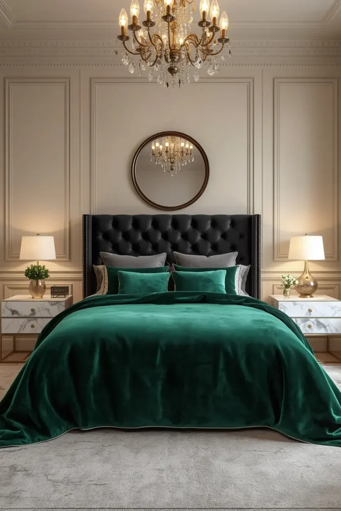Black button-tufted headboard with emerald green velvet bedding in a luxury master suite