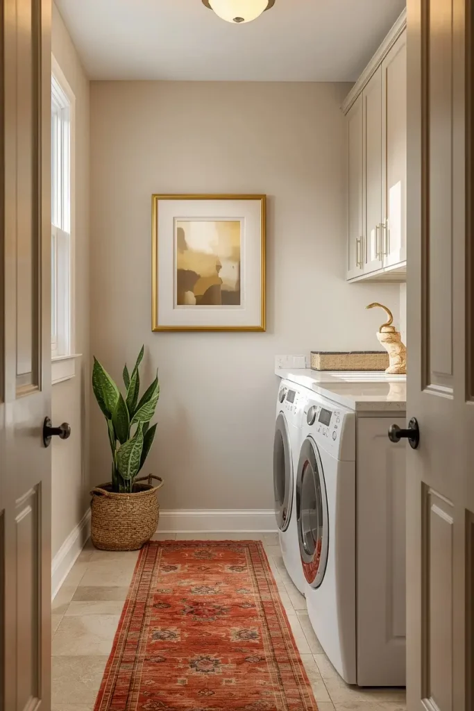 Narrow laundry room with a red patterned runner rug, a gold framed print, a snake plant in a woven basket, and a front loading washer and dryer under cream cabinets