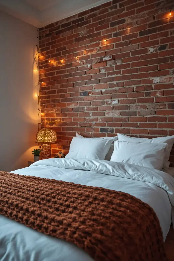 Chunky chocolate brown knit bed runner on white bedding against an exposed brick wall with fairy lights