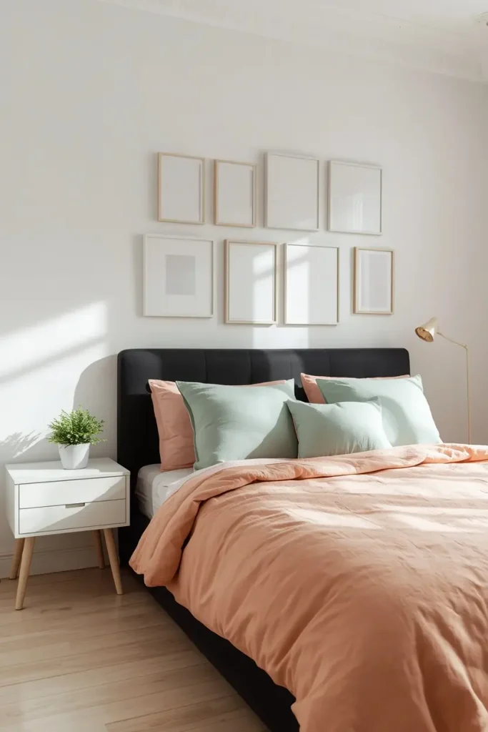 Black headboard with a pastel gallery wall, peach bedding and mint pillows in an apartment bedroom