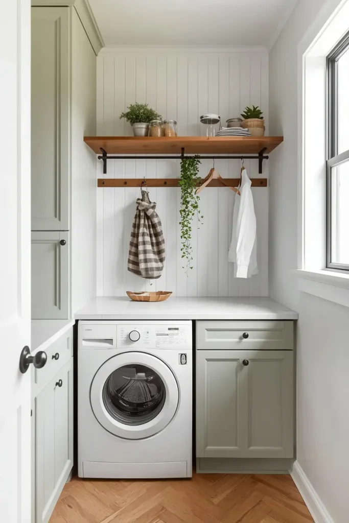 Wood floating shelf with a black hanging rod and peg rail above a white front loading washer with sage cabinets and white beadboard walls