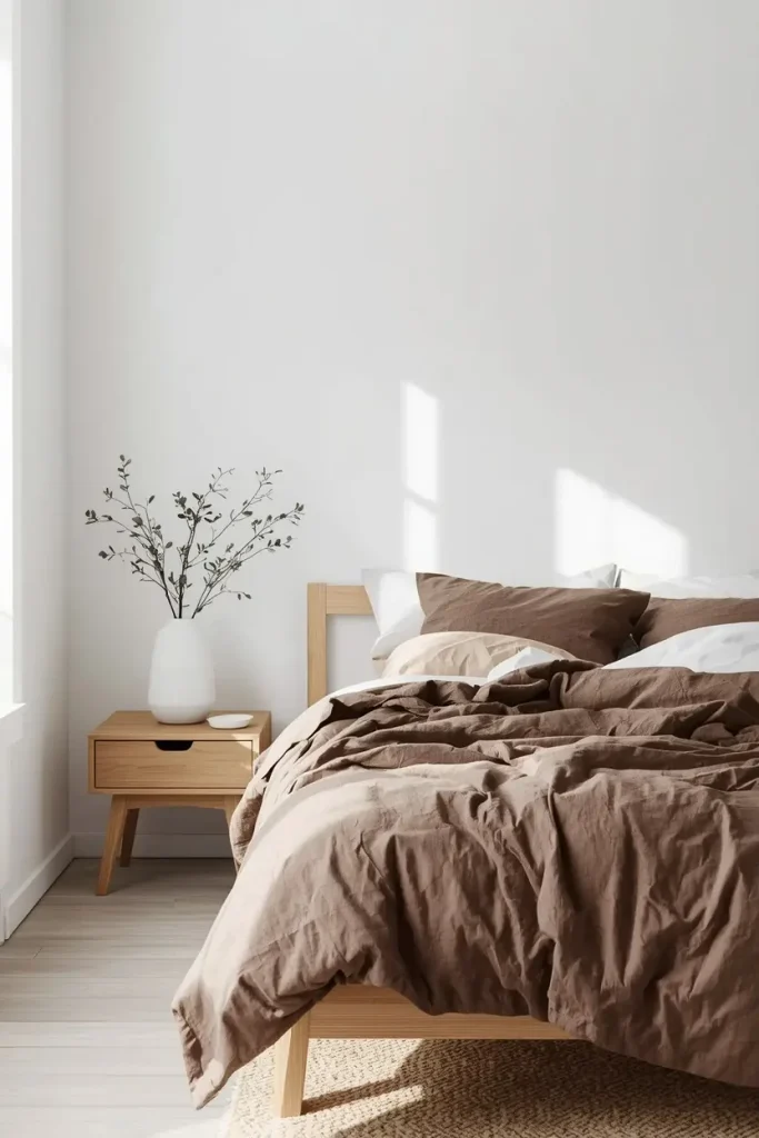 Light oak bed with rumpled mocha linen bedding and olive branches in a white ceramic vase