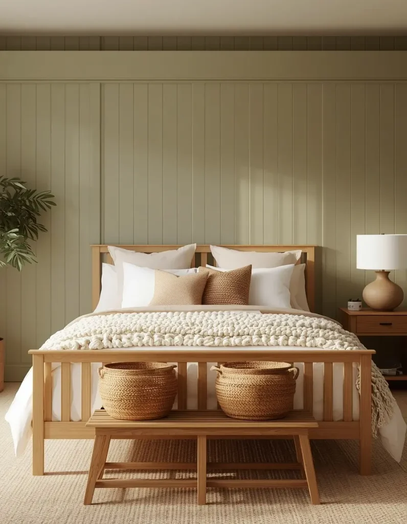 Sage green board and batten bed wall with a pine slatted bed, chunky knit blanket and two woven baskets on a bench