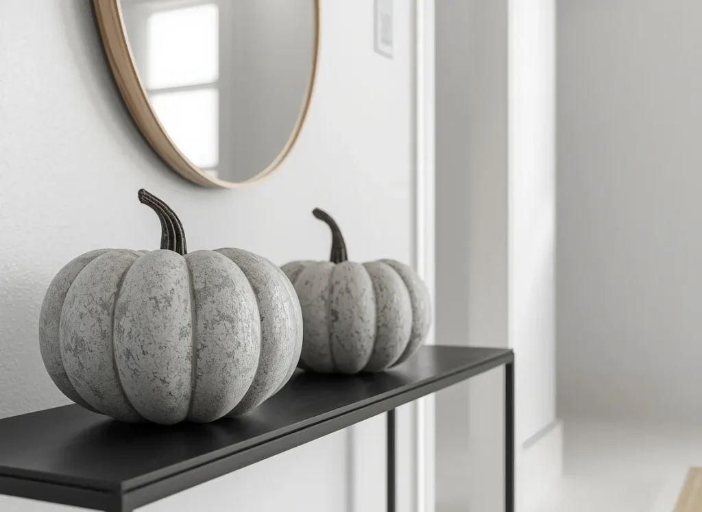 Two speckled gray faux stone pumpkins on a black console table in a bright minimalist entryway