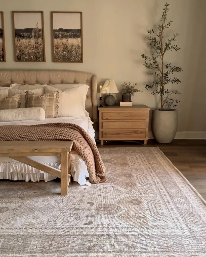 Neutral bedroom with a beige tufted headboard, chunky knit throw, wooden bench, oak nightstand, faux olive tree and a vintage-style rug