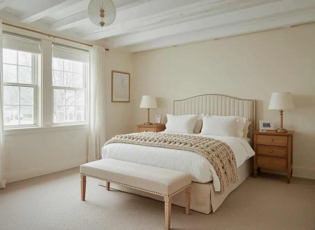 Cream and ivory bedroom with layered knit throw, upholstered bench and white linen bedding