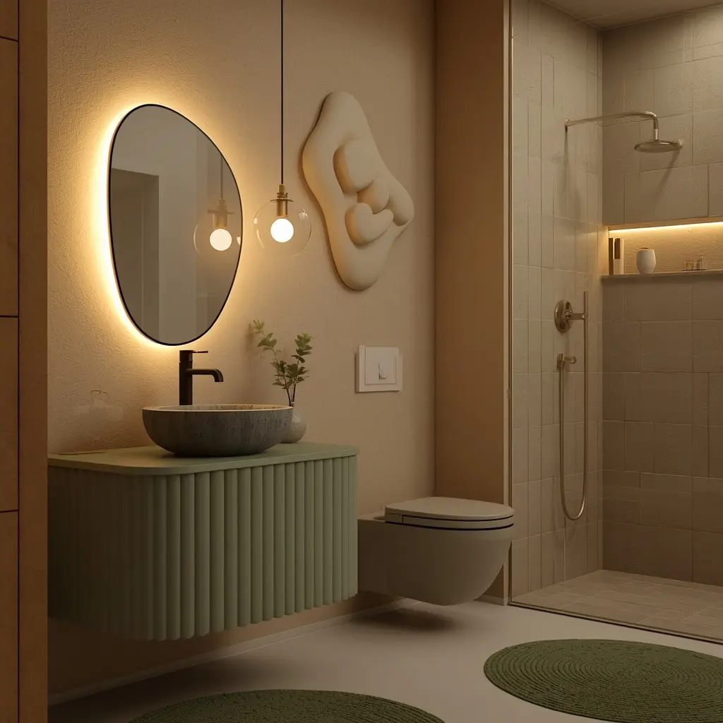 Glowing pebble shaped backlit mirror above a sage green fluted floating vanity with a stone vessel basin