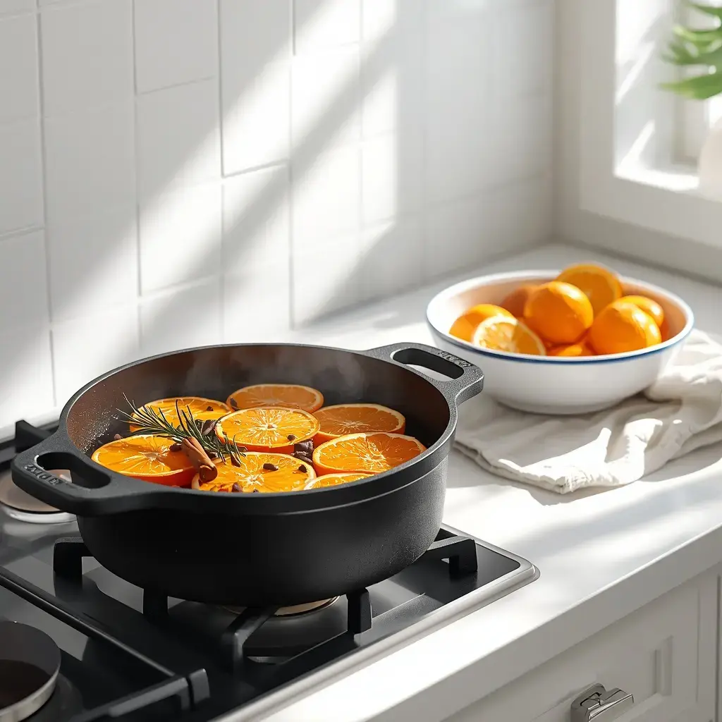 Black cast iron pot of orange slices with cloves, a cinnamon stick, and rosemary beside a bowl of oranges in a sunny kitchen