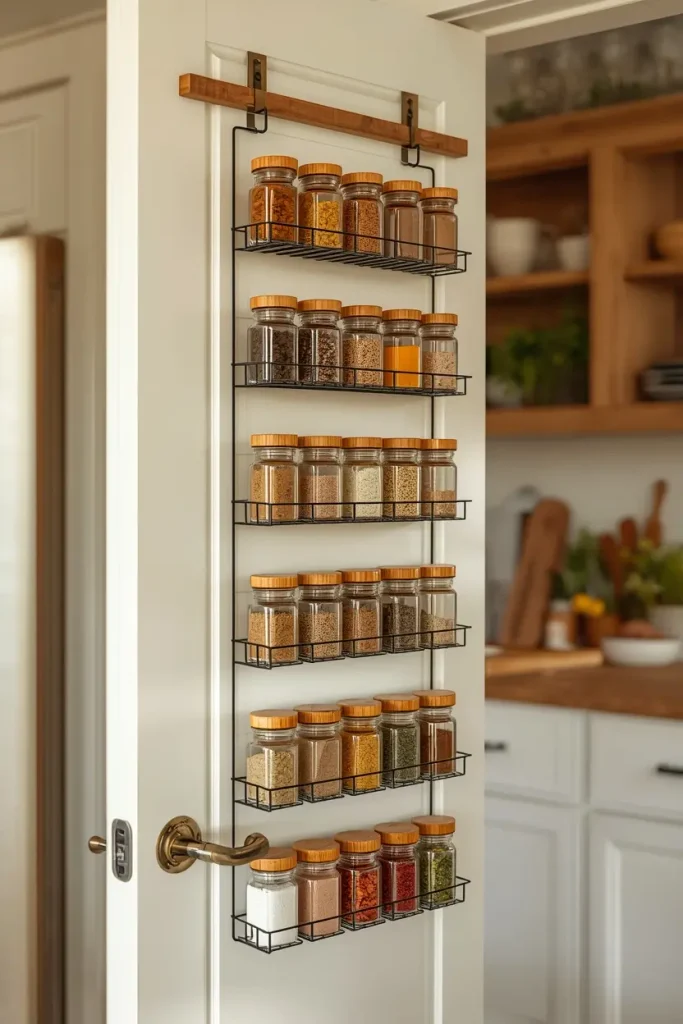  Black wire spice rack hanging from a wooden bar on the back of a white pantry door, holding rows of glass spice jars with bamboo lids