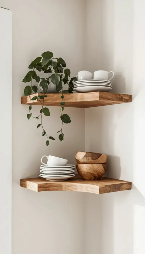 Natural oak floating shelves holding white plates, wooden bowls and a small trailing plant in an apartment kitchenette