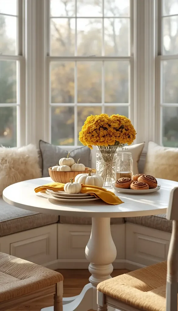 Round breakfast nook table with mustard napkins, mini white pumpkins and golden mums by a bay window