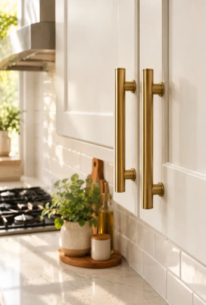 Brushed brass bar pulls on white kitchen cabinet doors with a potted herb on the counter