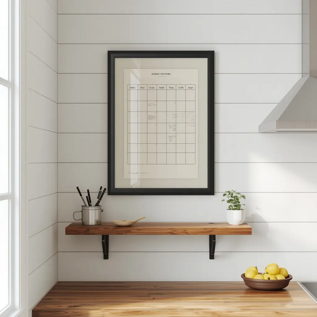 Black picture frame with a printed monthly grid on cream paper hanging on white shiplap above a wood shelf