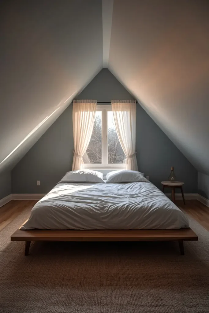 Attic bedroom with a low bed under a gabled window with sheer curtains and dusty blue walls