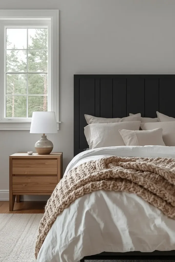 Matte black wood slat headboard with oak nightstands and cream linen bedding in a cottage bedroom