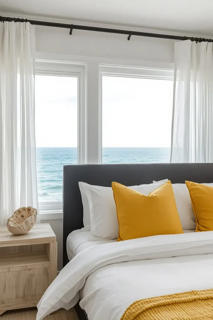 Black headboard under a wide window with white bedding and yellow pillows in a coastal bedroom