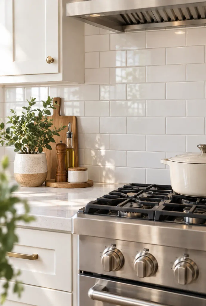 White subway tile backsplash behind a gas stove with a wooden cutting board and a potted plant