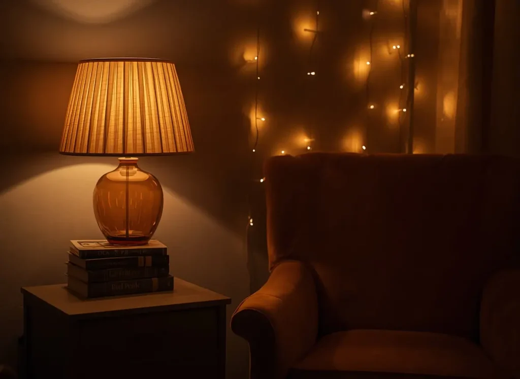 Amber table lamp with pleated shade glowing beside a velvet armchair and fairy lights