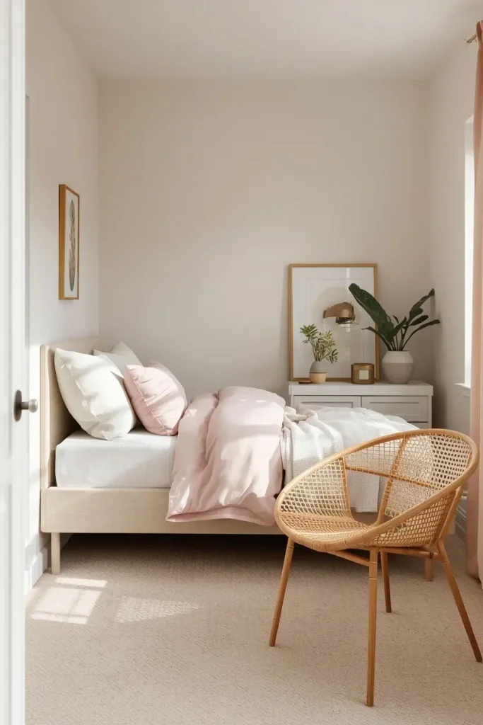 Small guest bedroom with a twin bed in the corner, blush pink bedding and a cane accent chair