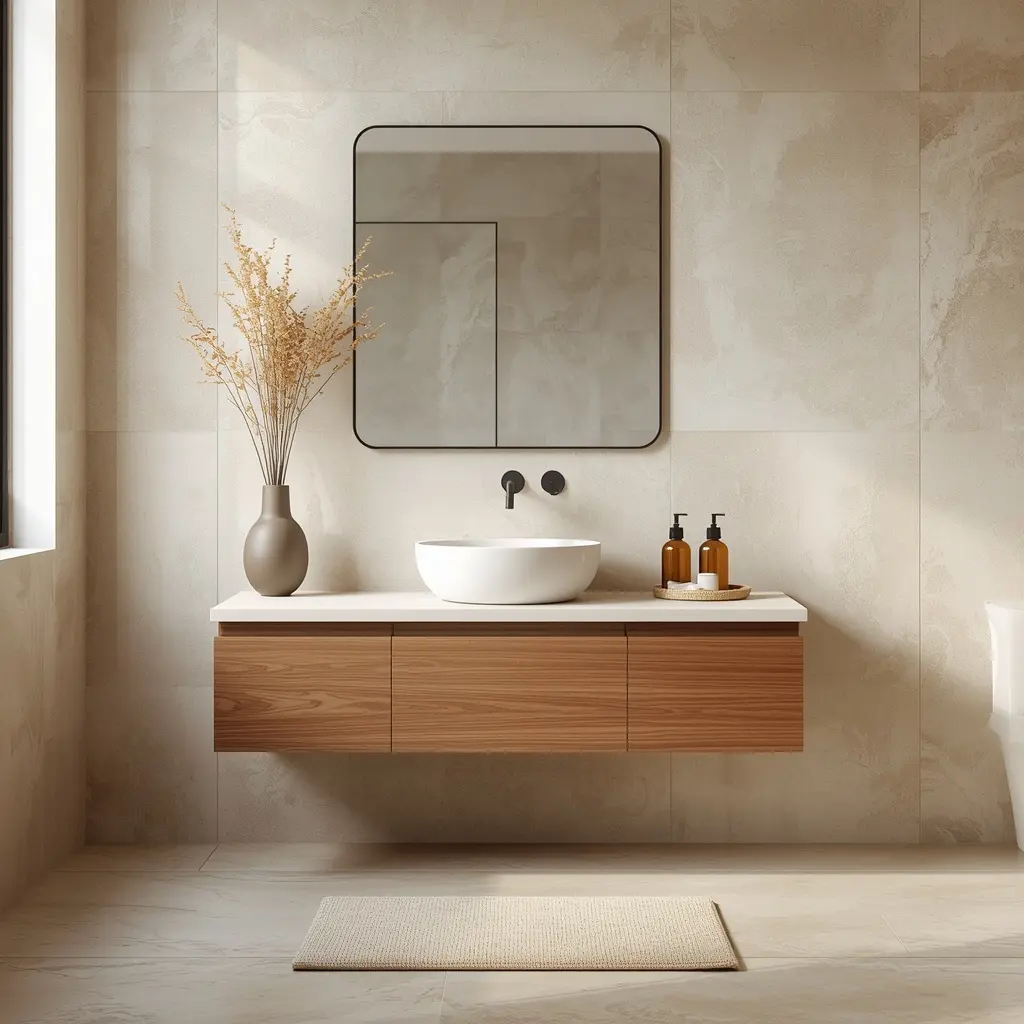 Walnut floating vanity with a round white vessel basin and a black wall tap against beige stone look tiles