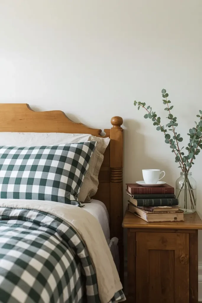 Farmhouse bedroom with a forest green gingham duvet, vintage pine headboard and old books on the nightstand