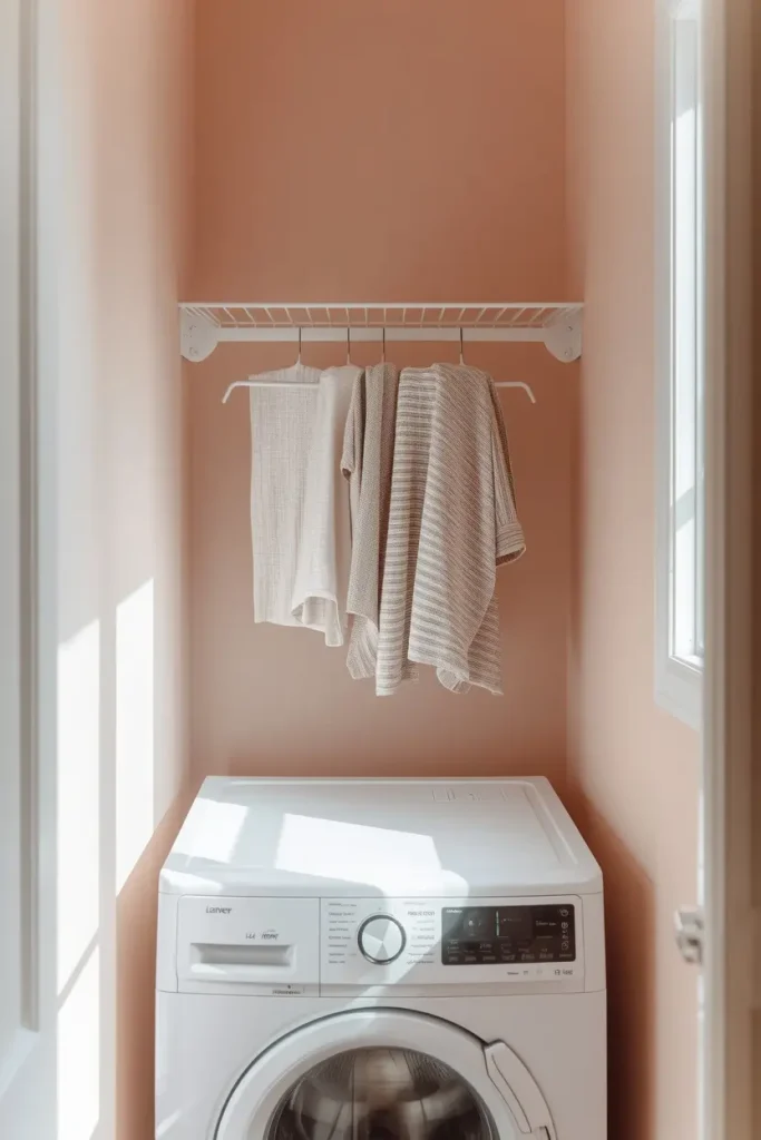 White wall-mounted drying rack with three towels on hangers above a white front loading washer against soft peach walls