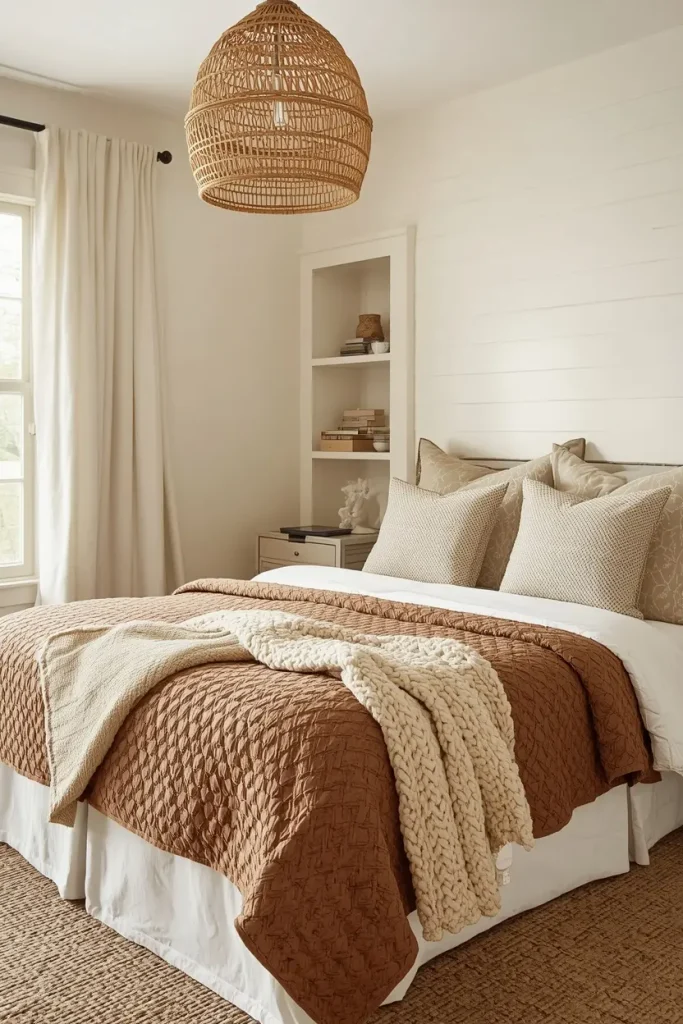 Farmhouse bed with a caramel brown quilt, cream sheets and a chunky beige knit throw under a rattan pendant