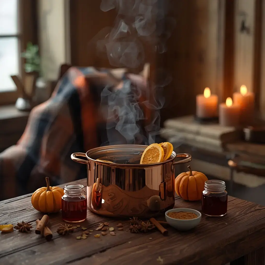 Steaming copper pot with orange slices on a rustic table with small pumpkins, star anise, cinnamon sticks, and maple syrup jars