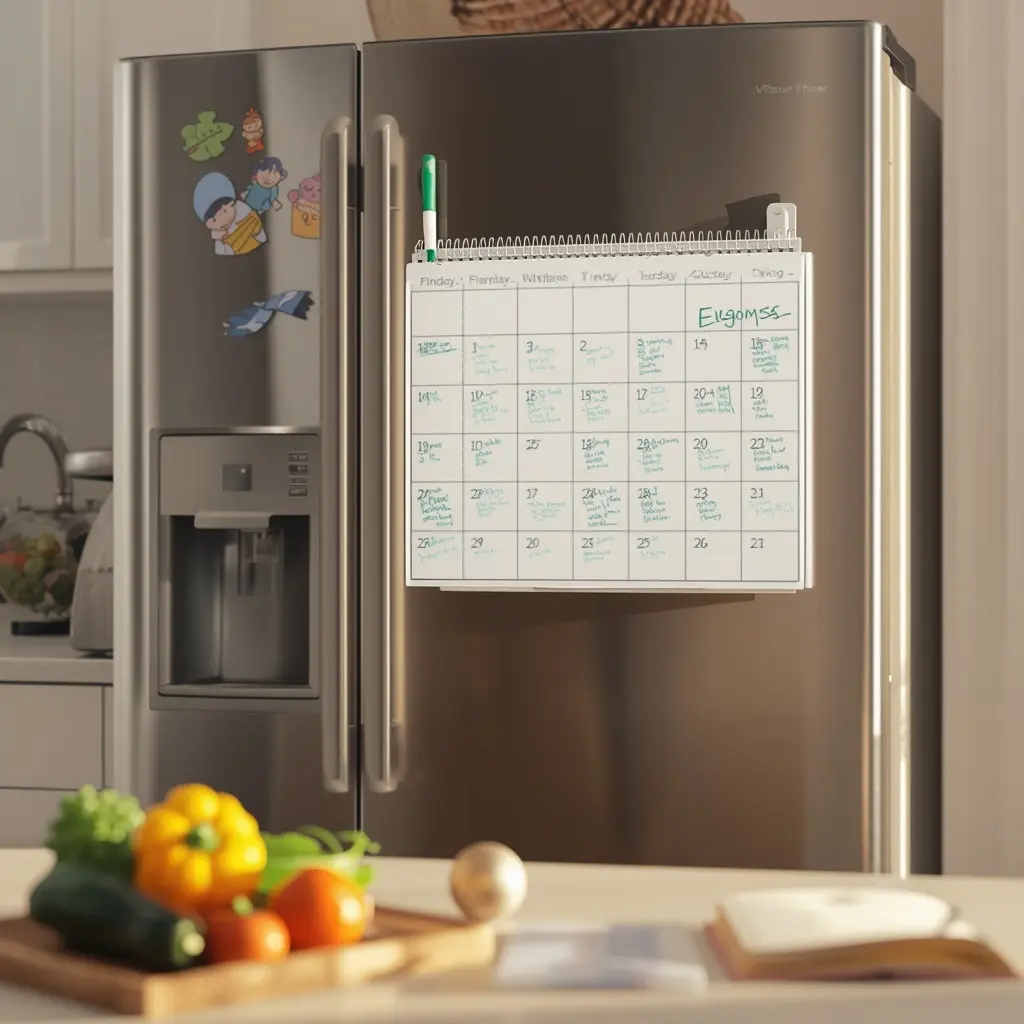 Magnetic monthly calendar with green handwriting on a stainless steel side by side fridge beside kids' magnets