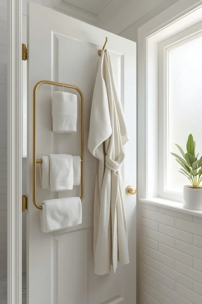 Brushed brass towel rack with three white towels and a brass hook holding a cream waffle robe on the back of a white bathroom door