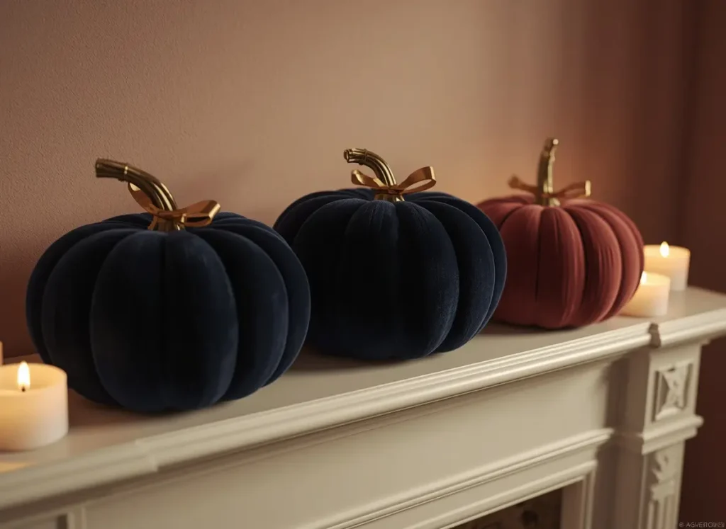 Navy and dusty rose velvet pumpkins with gold stems on a white fireplace mantel beside lit candles