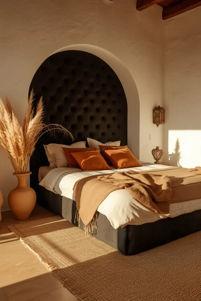 Arched black headboard with terracotta pillows and sand-colored linen bedding in a sunlit bedroom