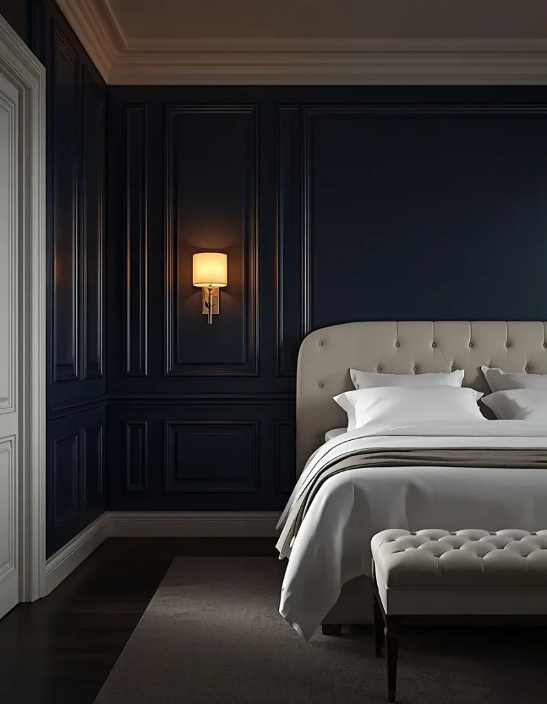 Navy paneled bedroom wall with a glowing brass sconce, cream tufted headboard, white bedding and tufted bench
• 